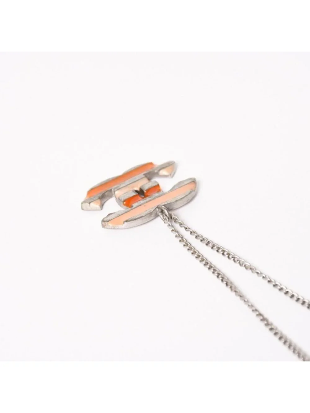 Chanel Necklace CC Logo Border Orange Pink Silver 05